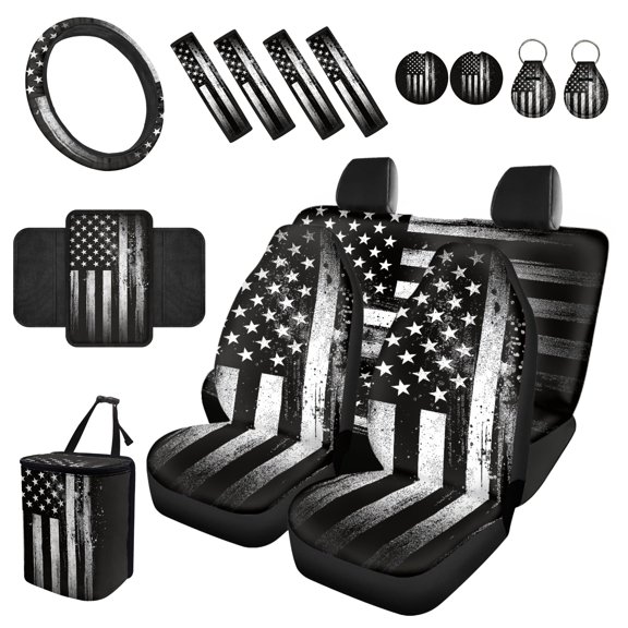 Uourmeti 15 Piece Car Seat Covers Full Set, with Steering Wheel Cover, Center Console Cover, Car Coasters, Seat Belt Pads, Key Fob, Car Organizer Bag, Automotive Interior Accessories for Sedan