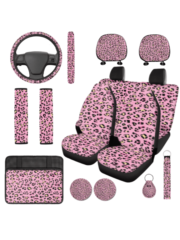 15-Piece Pink Leopard Print Theme Car Seat Cover Set, High Elastic Durable Car Seat Cover Full Set, Suitable for Vans Cars Vehicles