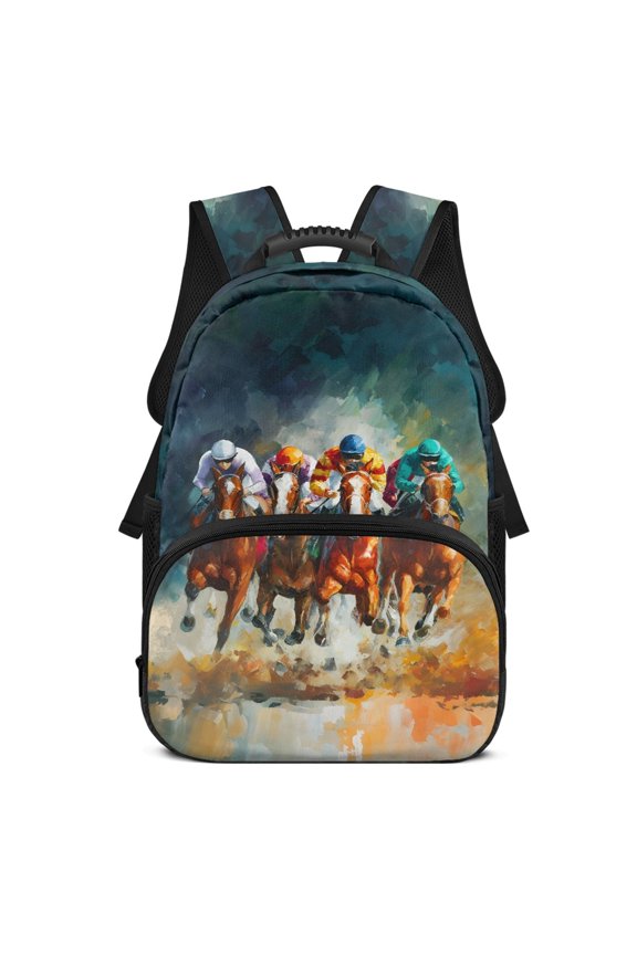 17 Inch Backpack for Kids, Polyester Large Capacity Waterproof School Backpack, Oil Painting Style Horse Racing Theme