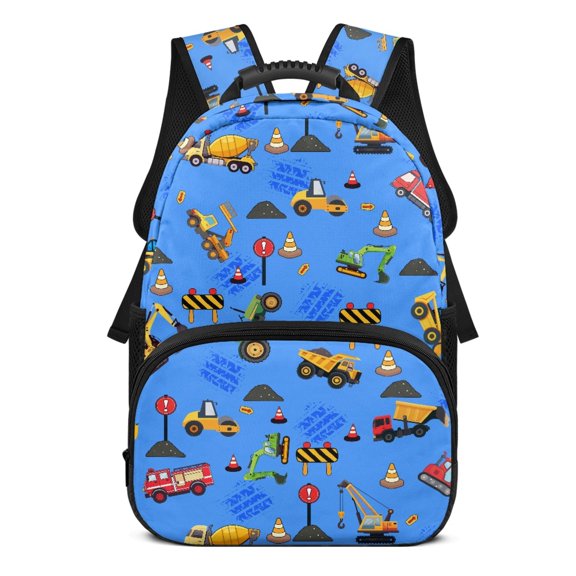 Uourmeti 17 Inch School Backpack for Kids, Polyester Large Capacity Smooth Zipper Travel Backpacks, Construction Vehicles Pattern Design