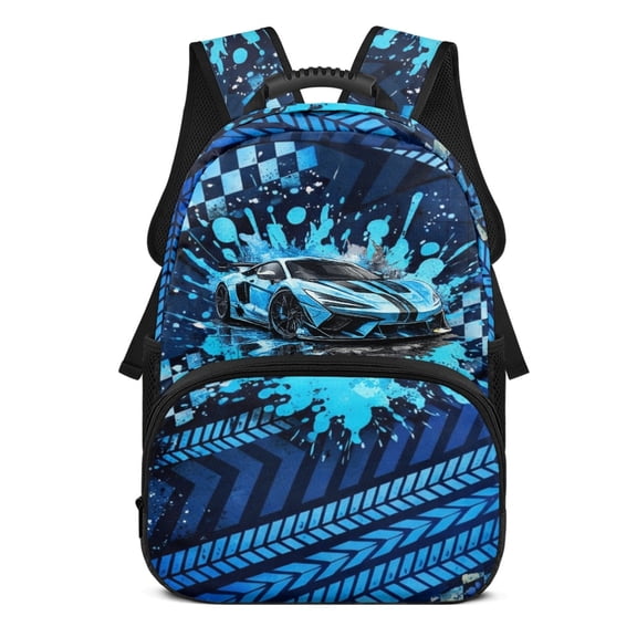 Uourmeti 17 Inches Backpack for Girls, Polyester Large Capacity with Side Pocket School Backpack, Blue Sports Car Pattern