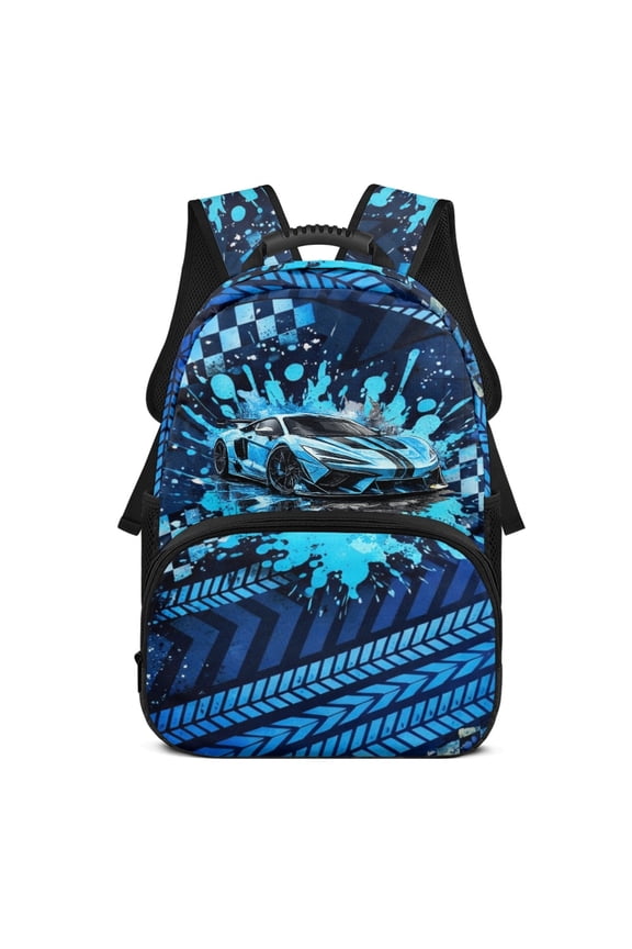 17 Inches Backpack for Girls, Polyester Large Capacity with Side Pocket School Backpack, Blue Sports Car Pattern