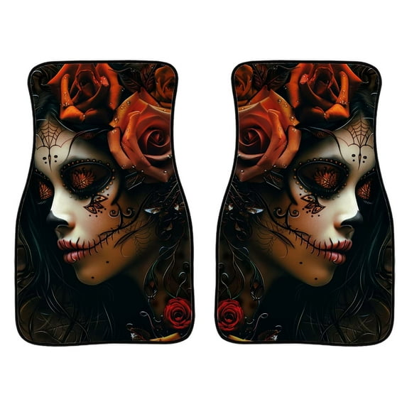 Uourmeti 2 PCS Car Mats Calavera Rose Girl Aesthetic Car Accessories Car Floor Mats Universal Fit Most Vehicles