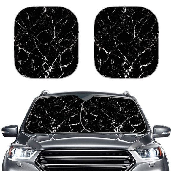 Uourmeti 2-Piece Black Marble Vein Windshield Sun Shade - Foldable UV & Heat Blocker, Universal Fit for Sedans, SUVs & Trucks - Stylish Auto Interior Accessory