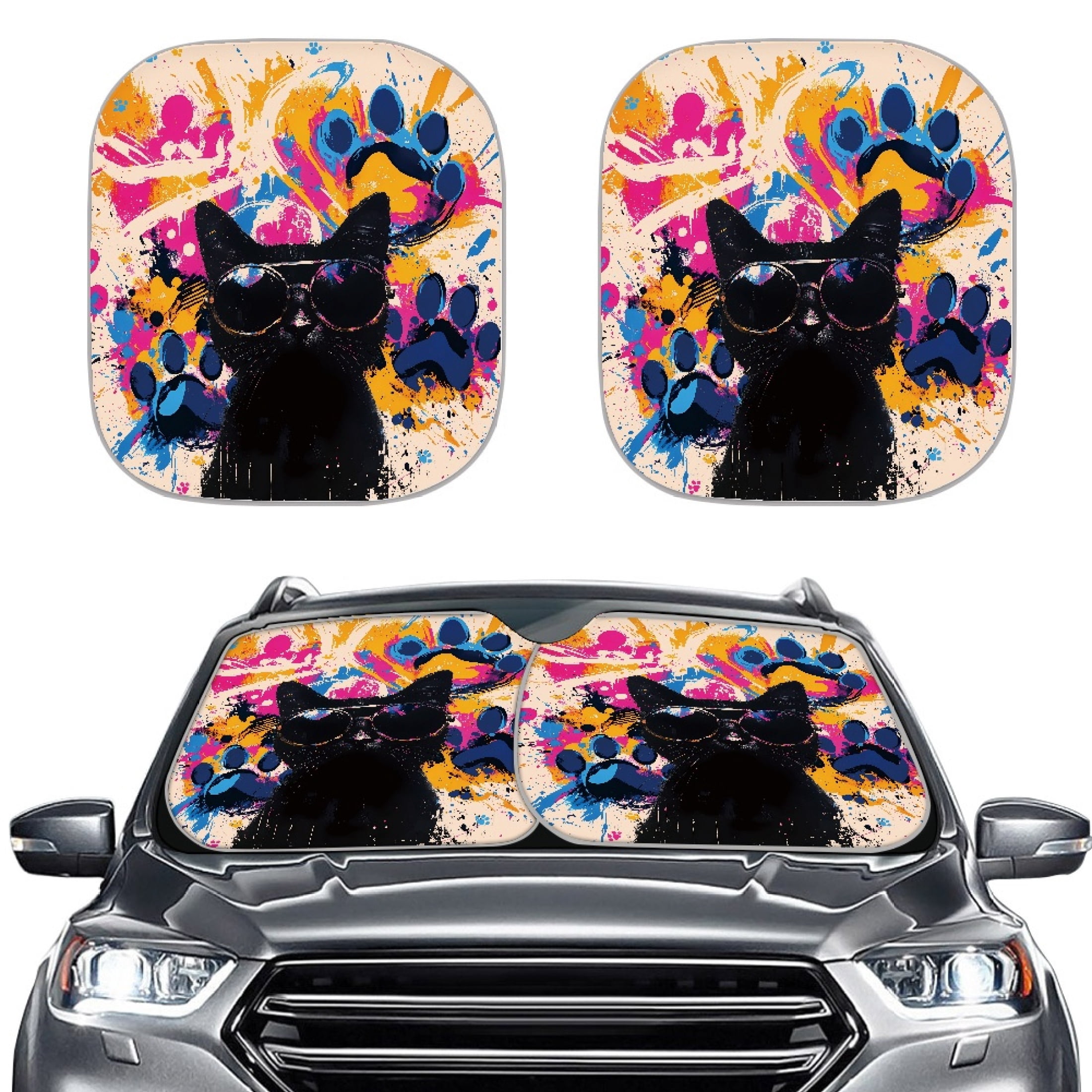 Winshell Splash Uourmeti 2-Piece Cat Splash Paint Windshield Sun Shade - Blocks UV Rays ...