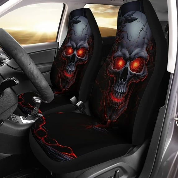 Uourmeti 2 Pieces Punk Lava Skull Print Car Seat Covers, Universal Fashion Breathable Front Seats Protector Car Accessoires Fits for Car,SUV Sedan,Truck