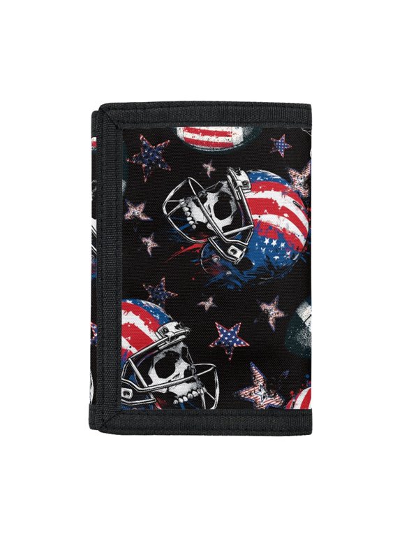 4th of July Trifold Coin Case Featuring Patriotic Skull Football, Slim Polyester Money Organizer for Sports and Travel