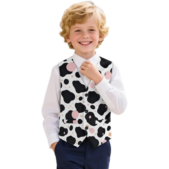 Uourmeti Abstract Cow Print Polyester Boys Formal Waistcoat Adjustable Waistcoat V Neck Design Boys Fashion Formal Suit Vest for Children Boys