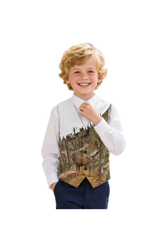 Adjustable Back Strap Formal Suit Vest for Party Family Gathering Polyester Fabric Breathable Boys Formal Suit Vest, Deer Forest Theme