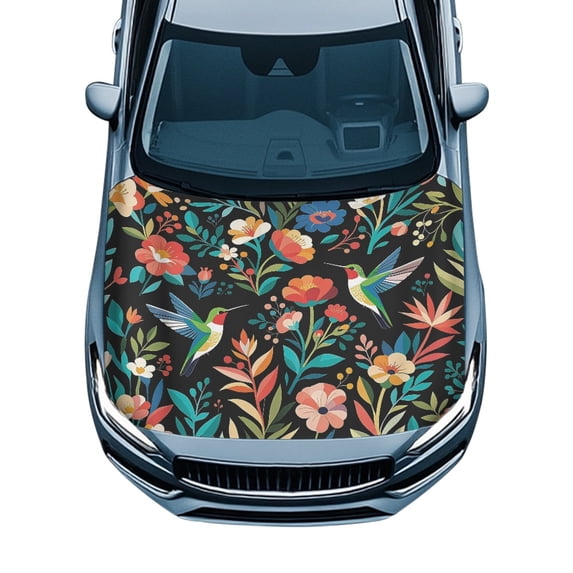 Uourmeti All-Season Protection Car Engine Hood Protector for SUV Van Sedans, Waterproof Car Hood Cover, UV Resistant Hummingbird Floral Design Car Hood Cover Protector