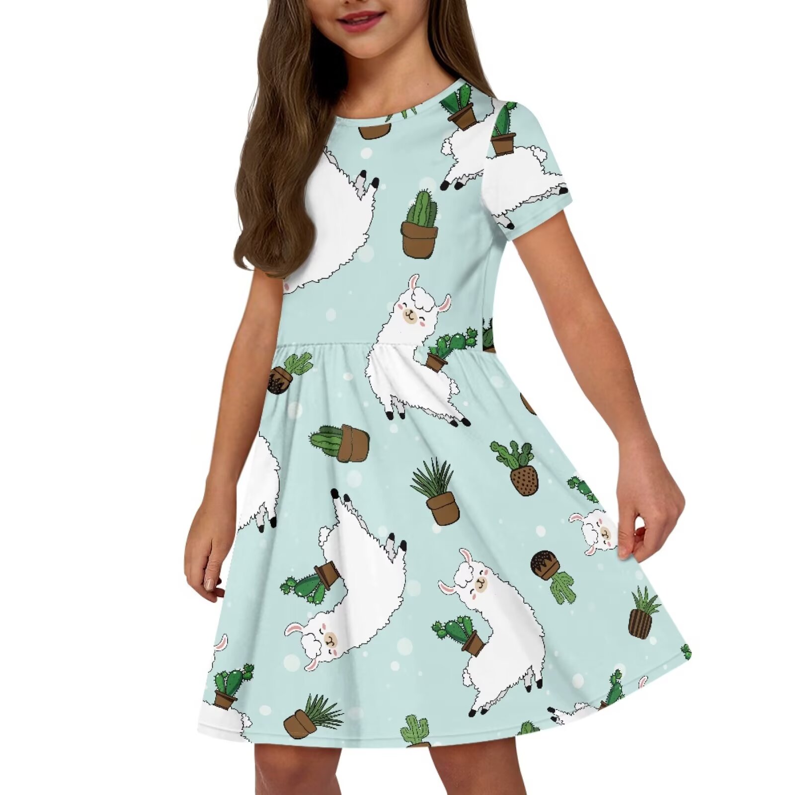 Uourmeti Alpaca Short Sleeve Swing Dress Girls Cute Crew Neck Midi Dresses Cactu Casual Beach Dress with Pockets Fashion Wedding Party Dresses