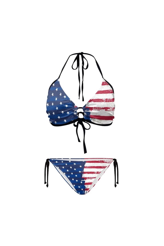 American Flag Bikini Set for Women Push Up V Neck Lace Up Low Waist Soft Breathable Two Piece Swimsuit Swim Suits Bathing Suits