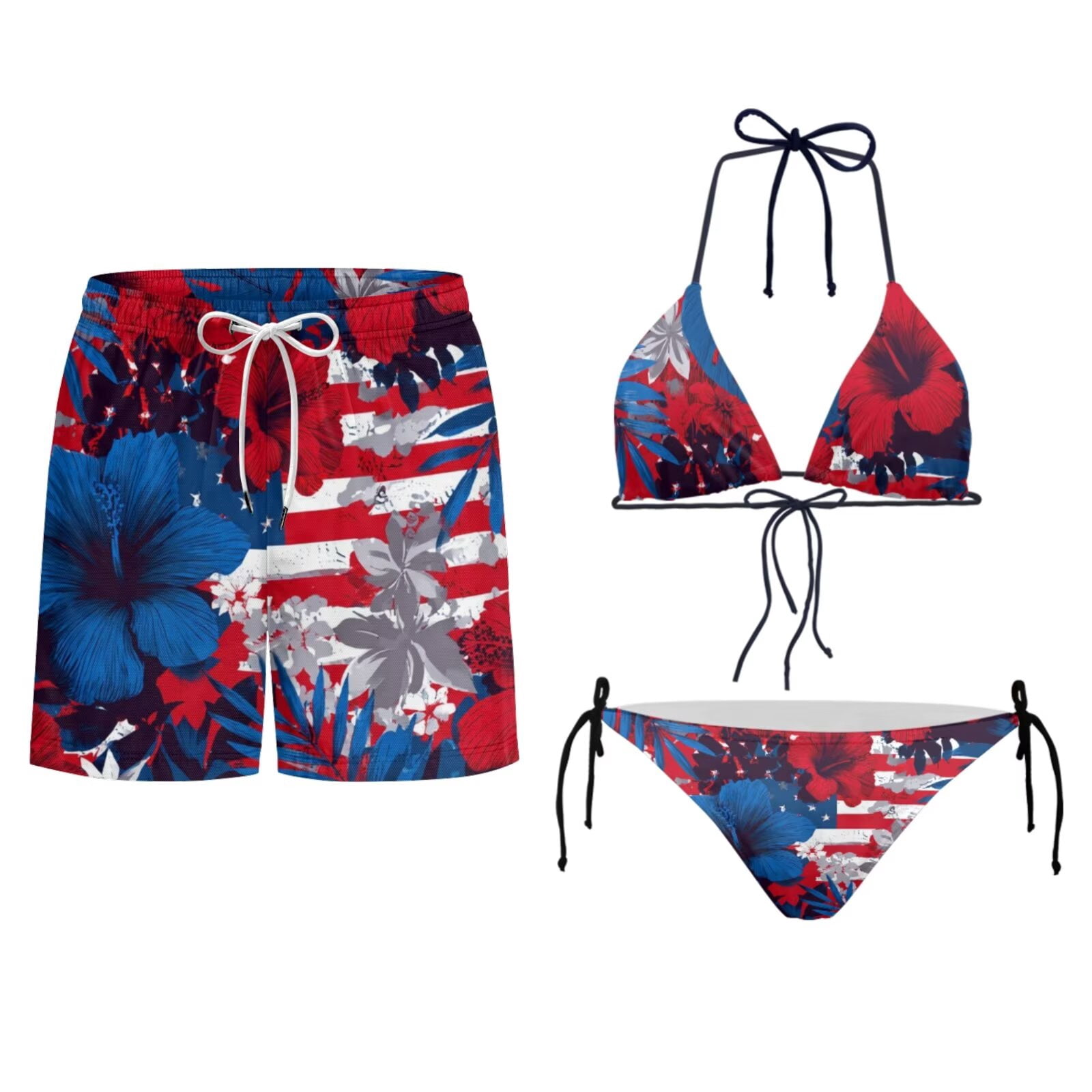 Uourmeti American Flag Hibiscus Print Bikini Sets for Women Mens Swim Trunks Matching Swimsuits Patriotic Floral for Couples Tropical Vacation Summer Beach Swimwear Summer Bathing Suit