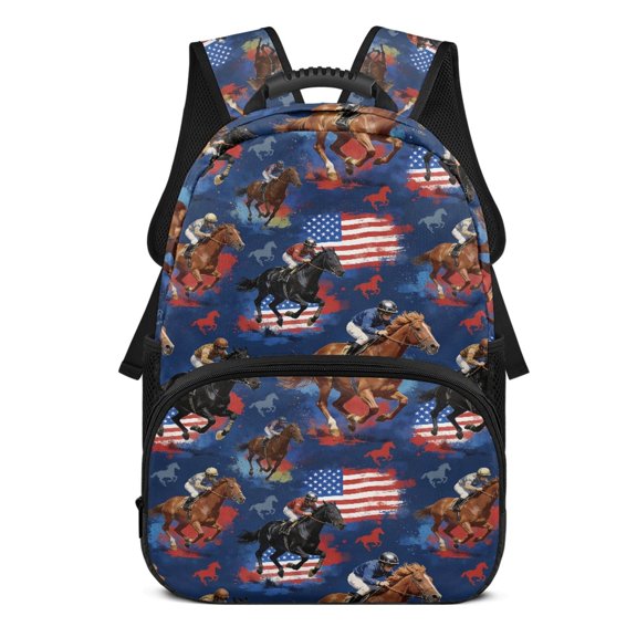 Uourmeti American Flag Horse Racing Theme Casual Fashion Bookbag, Polyester Fabric Waterproof Personalized School Backpack for Travel Work