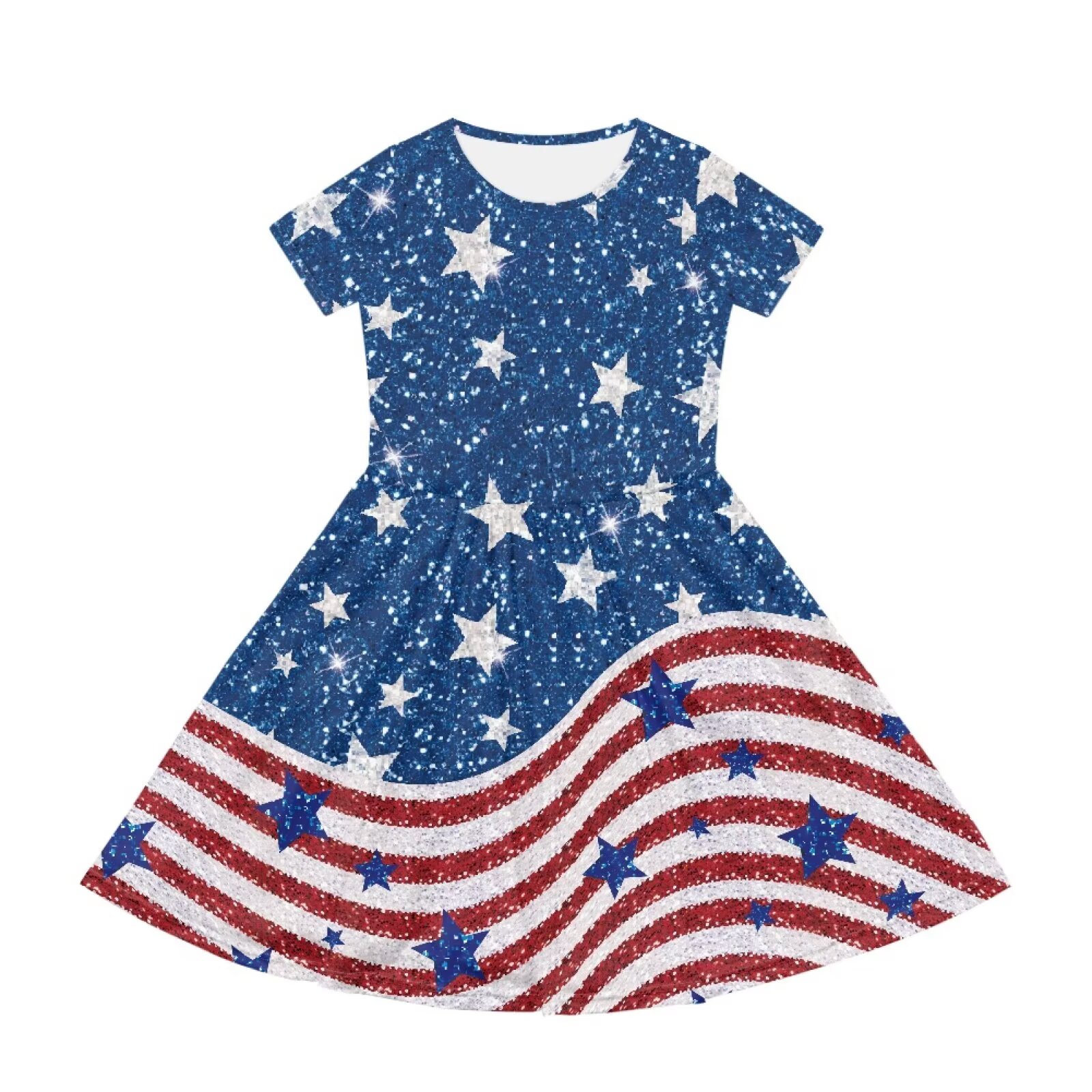 Uourmeti American Flag Patriot Girls Short Sleeve Dress Summer Casual Crew Neck Midi Independence Day School Swing Dresses July 4th Lightweight Soft A-Line Dress Beach Dresses with Pockets