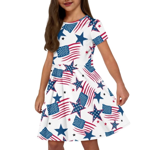 Uourmeti American Flag Patriot Kids Short Sleeve Dresses Summer Soft Crew Neck Swing Dress Independence Day Casual Knee Length A-Line Dresses with Pockets for Toddlers Teens Girls