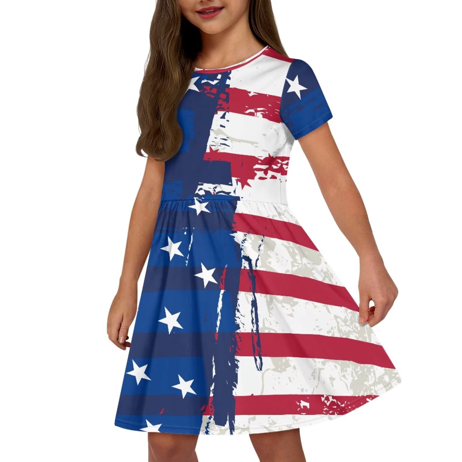 Uourmeti American Flag Patriot Short Sleeve Swing Dress for Toddler Girls Independence Day Casual Crew Neck Midi Trendy Knee A-Line Party Dresses with Pockets July 4 Clothing