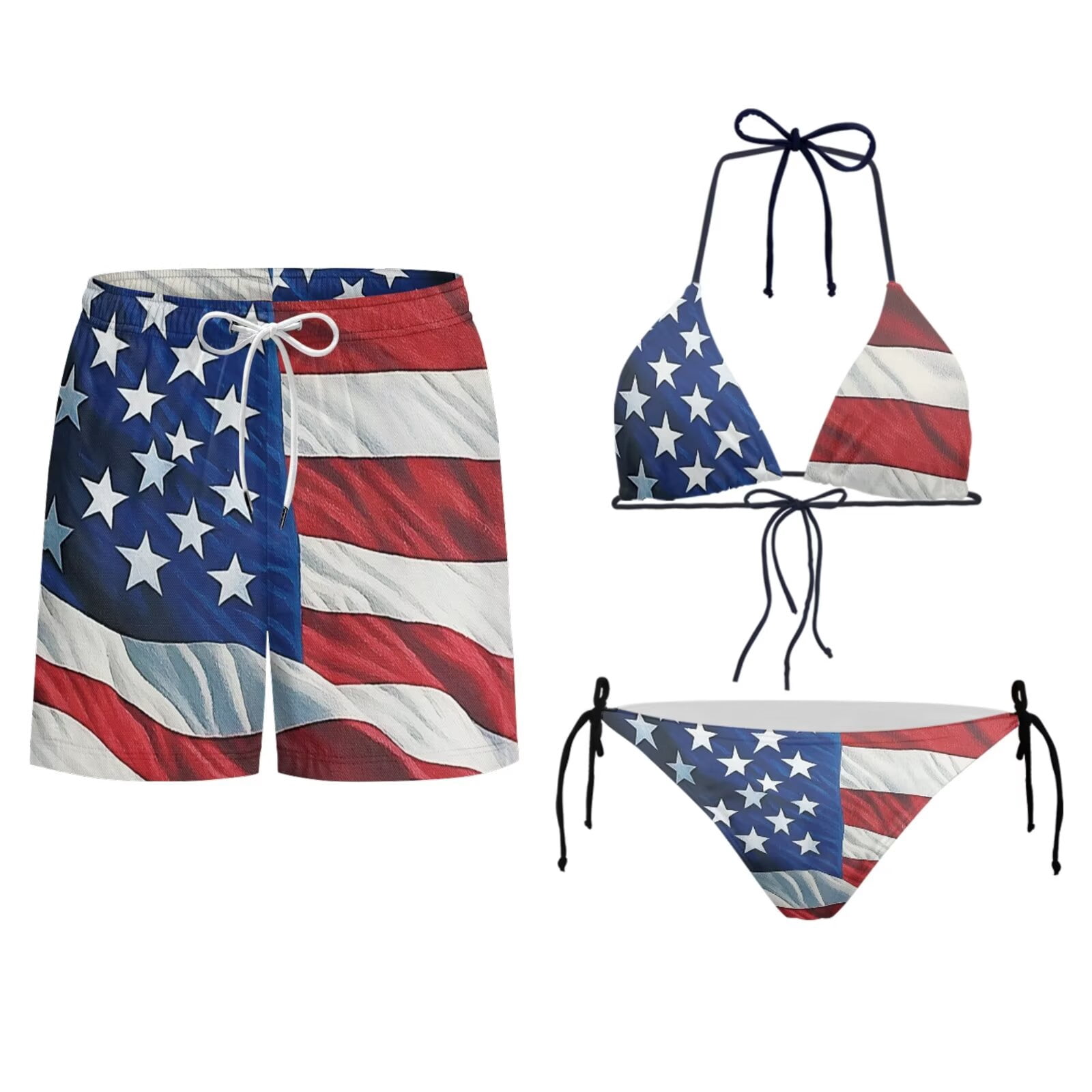 Uourmeti Art American Flag Print Husband and Wife Matching Swimsuits Patriotic 4th of July Matchable Couples Hawaiian Outfits Summer Beach Bikini Set for Women Mens Swim Trunks Hawaii Beachwear