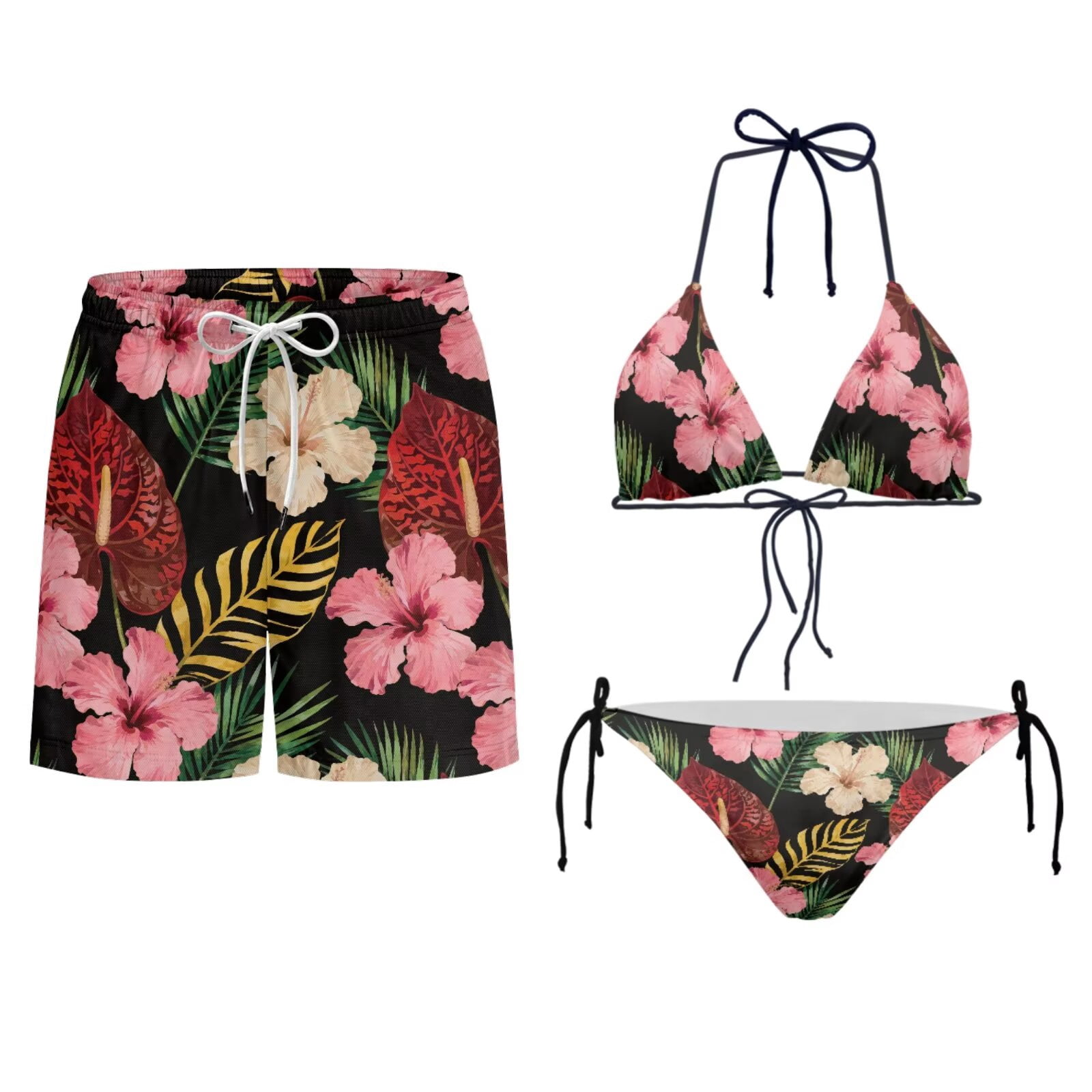 Uourmeti Art Hibiscus Floral Print Couples Matching Swimsuits Tropical Blossom Bikini for Women Mens Board Shorts Swimming Trunks Husband and Wife Vacation Bathing Suit Beachwear