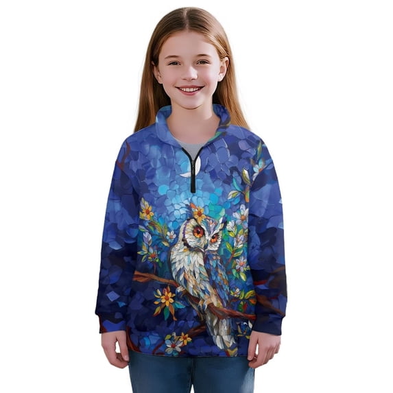 Uourmeti Art Owls Flower Kids Birthday Sweatshirt Quarter Zip Up Pullover Celebration Party Top Fun Design for Birthday Party Gift Boys Girls Size 11-12