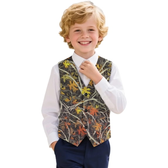 Uourmeti Autumn Leaf Camo Print Boys Suit Vest Polyester Anti-Shrink Daily Wear Boys Formal Suit Vest for Holiday Holiday Celebration
