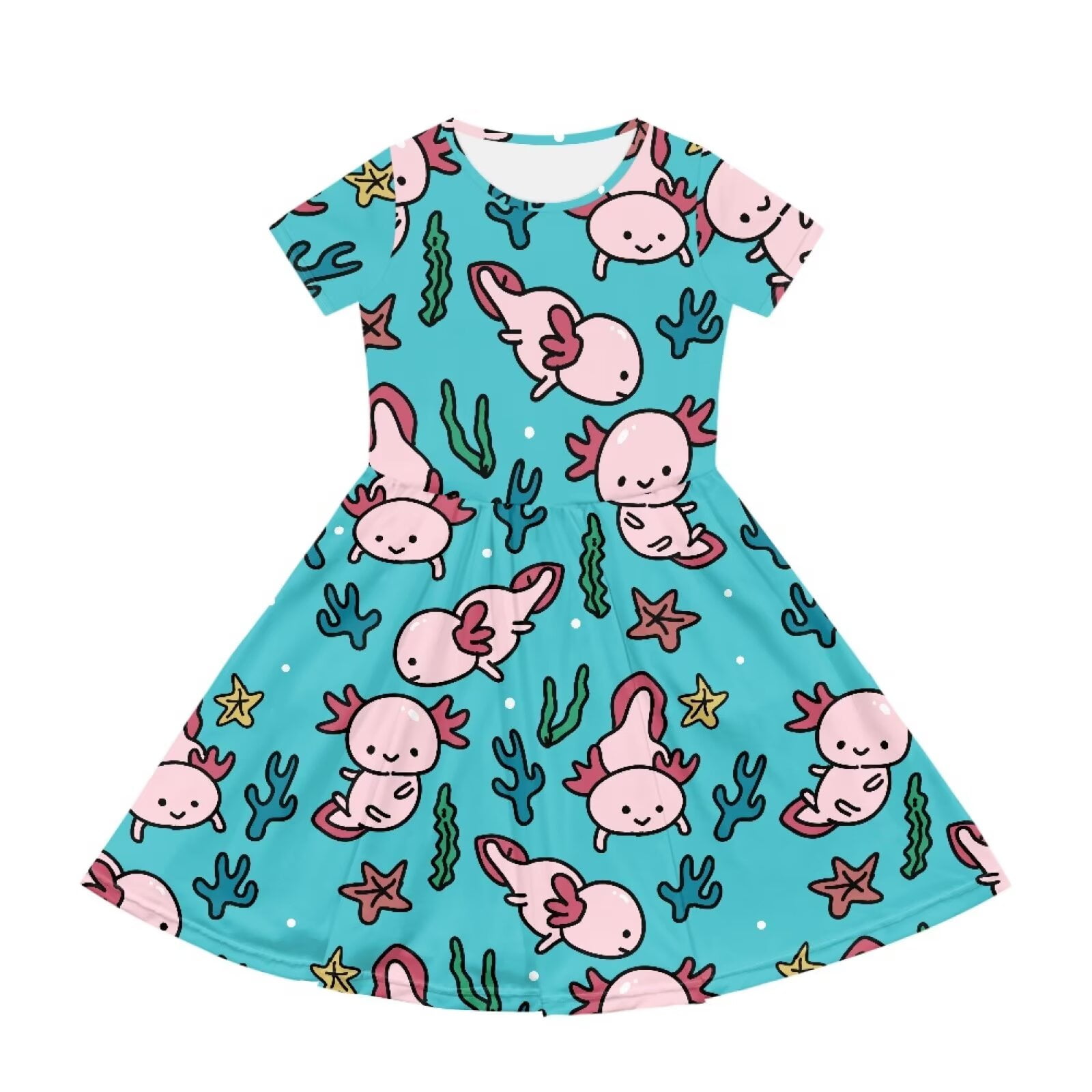 Uourmeti Axolot Cute Short Sleeve Dresses for Girls Casual Loose Ruffle Swing Sundress with Pockets Lightweight Soft Crewneck Knee-Length Dress 2-14Y