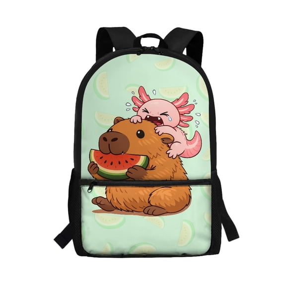Uourmeti Axolotl Capybara Watermelon Print Durable Backpack, Smooth Zippers Adjustable Padded Straps Daypack Backpack Personalized School Backpack