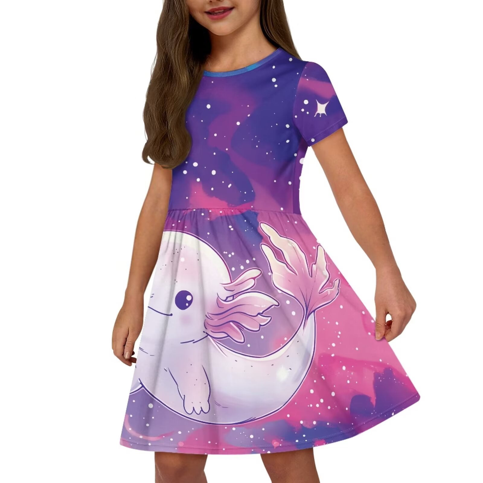 Uourmeti Axolotl Cute Swing Dress Summer Short Sleeve Dresses Casual Soft Crew Neck Knee Length A-Line Dress with Pockets for Girls 2-14 Years Old
