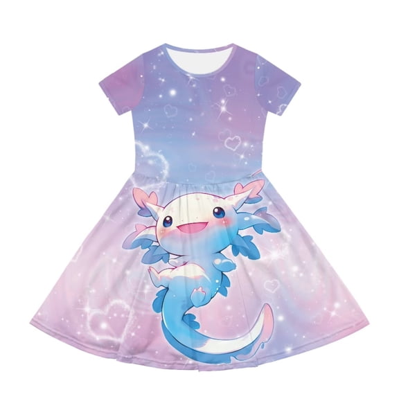 Uourmeti Axolotl Dresses for Girls 7-8 Summer Crewneck Short Sleeve Swing Dress Lightweight Soft Wedding Party Dresses with Pockets