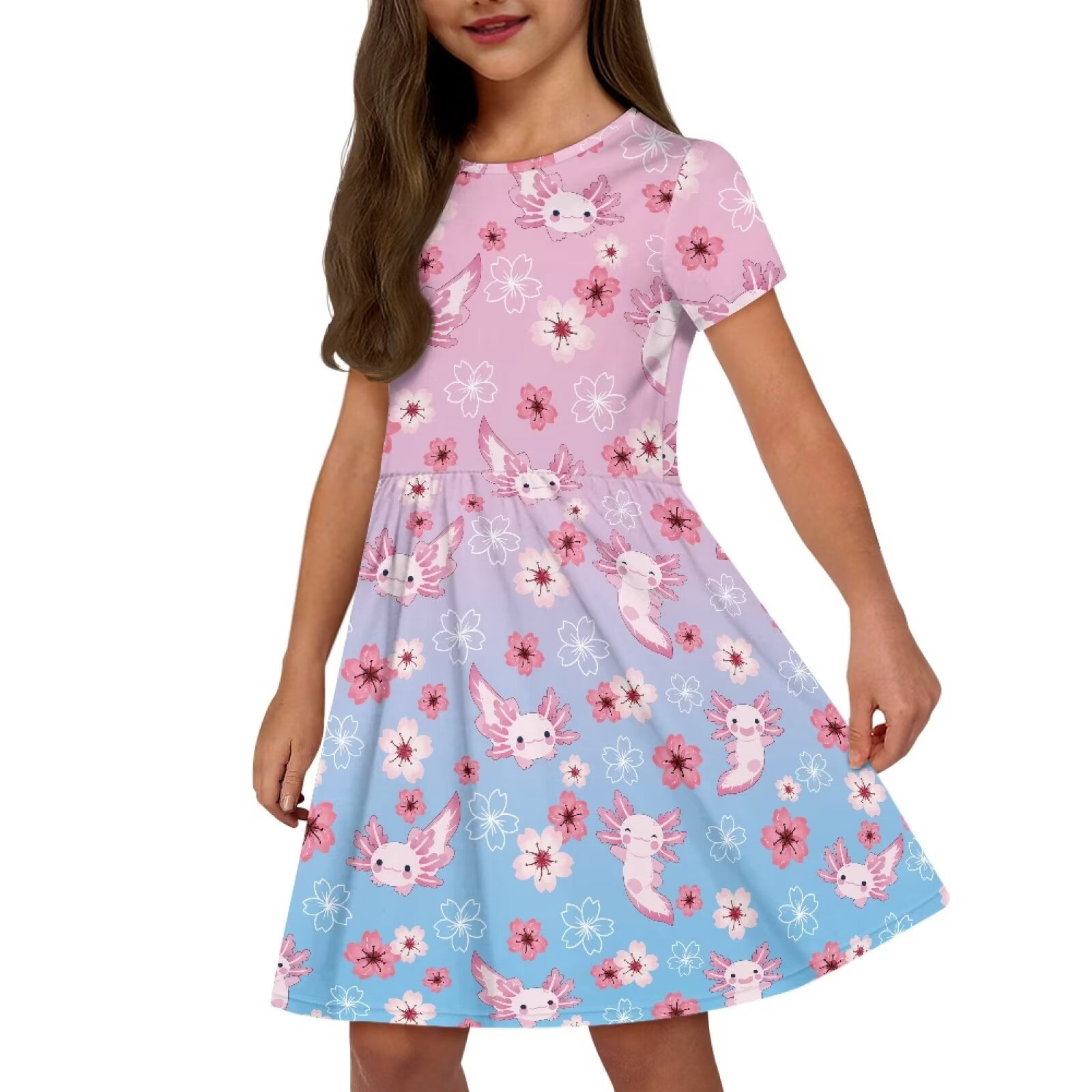 Uourmeti Axolotl Kids Twirly Swing Dress for Girls Cute Short Sleeve Skater Dresses Summer Soft Crew Neck Knee Length A-Line Dress with Pockets for Casual School