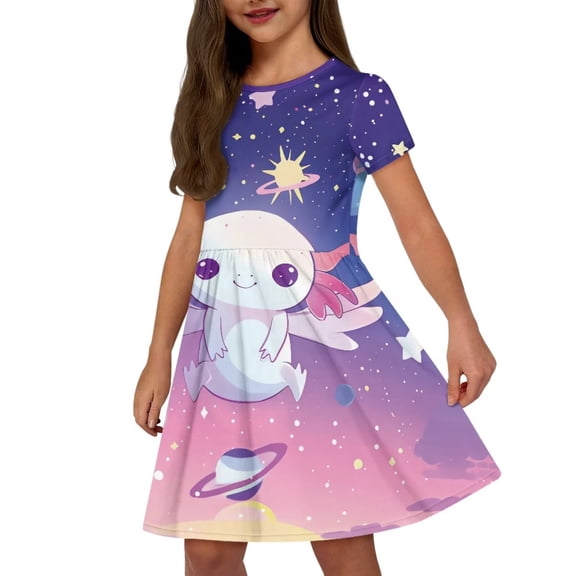 Uourmeti Axolotl Little Girls Short Sleeve Dresses Cute Swing Dress with Pockets Galaxy Casual Soft Crew Neck Knee Length A-Line Dresses for Travel Party School