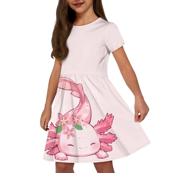 Uourmeti Axolotl Short Sleeve Dress for Girls 6-7 Summer Soft Swing Dress Casual Crewneck Knee Length A-Line Dresses with Pockets