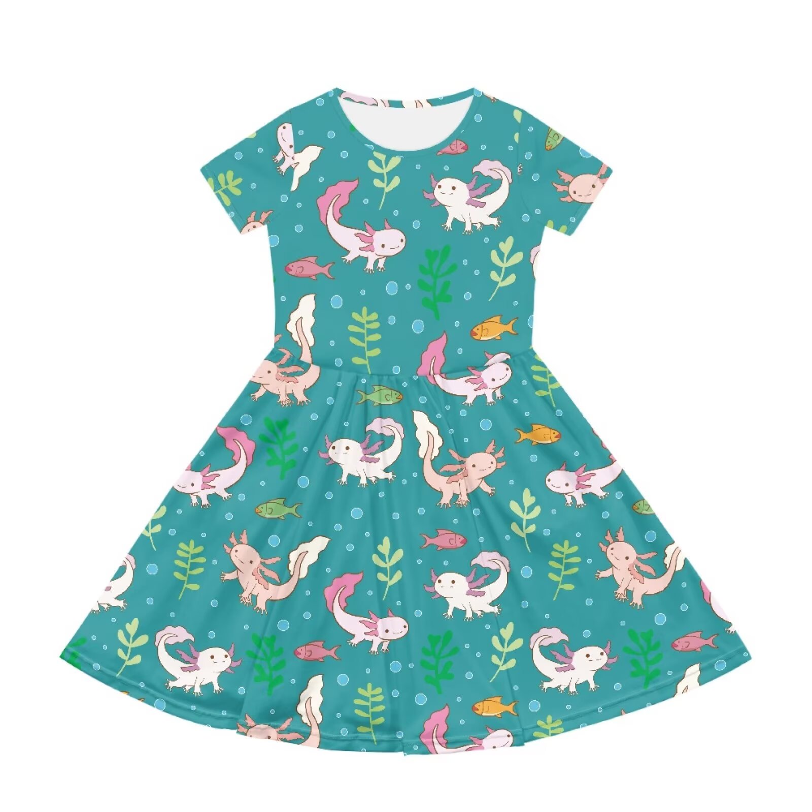Uourmeti Axolotl Short Sleeve Dress for Toddler Girls Cute Wedding Party Swing Dresses Summer Soft Crew Neck Midi Dress with Pockets