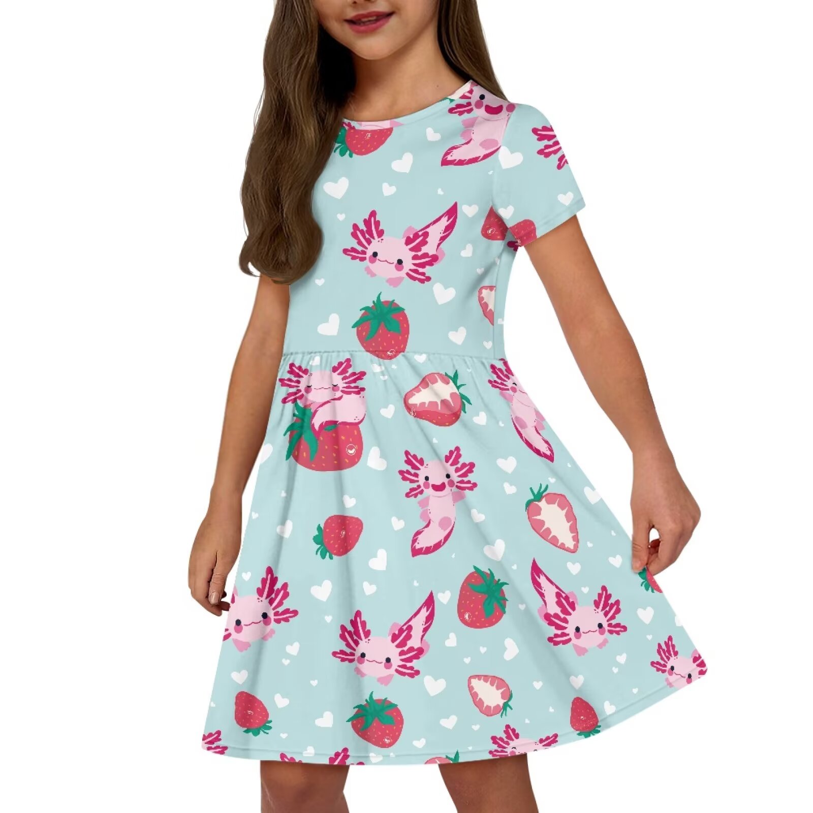 Uourmeti Axolotl Short Sleeve Dresses for Toddler Girls Cute Swing Dress Strawberries Summer Soft Crew Neck Knee Length A-Line Dresses with Pockets