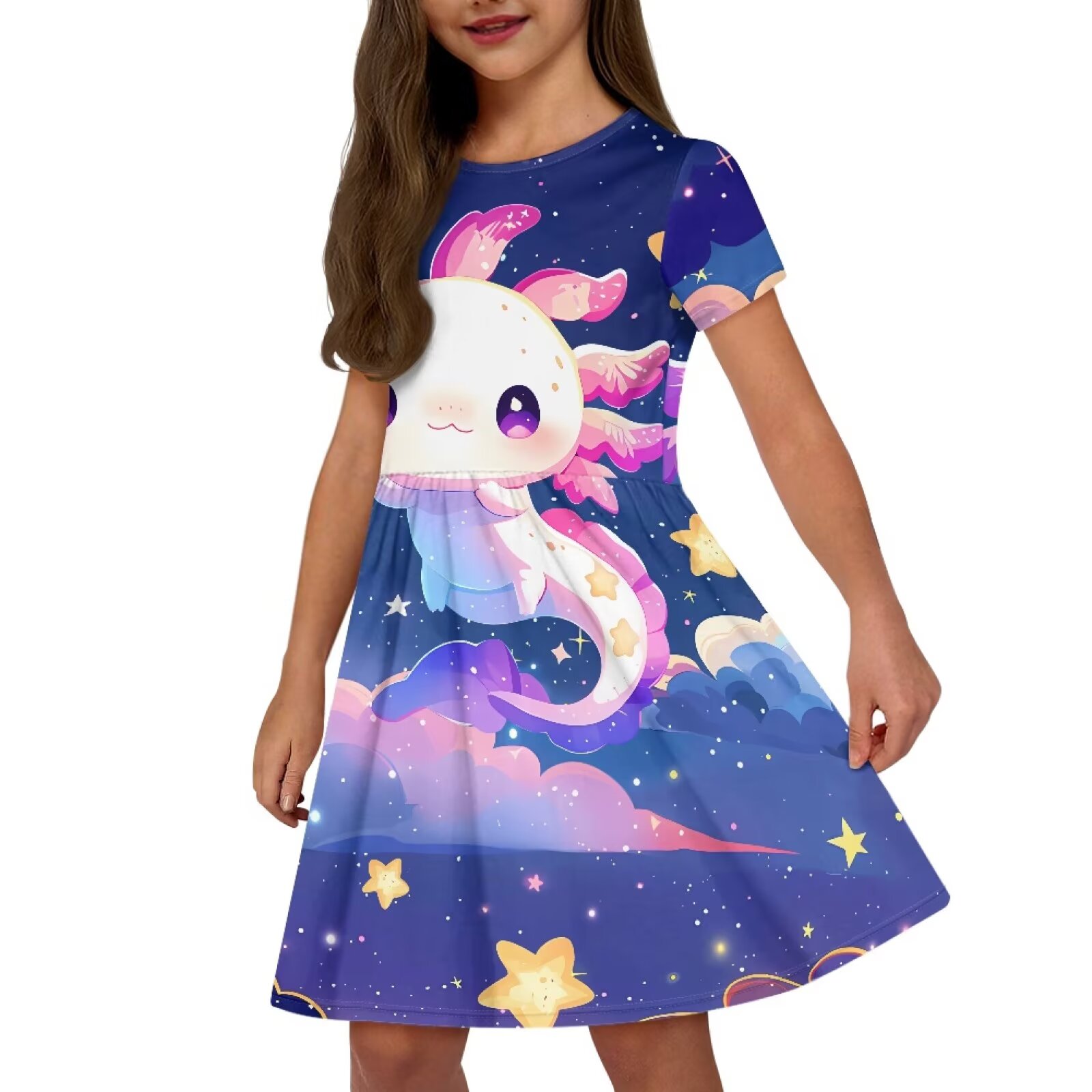 Uourmeti Axolotl Summer Dresses for Teen Girls Cute Short Sleeve Swing Dress Galaxy Lightweight Soft Crew Neck Midi Dresses Casual Beach Dress with Pockets