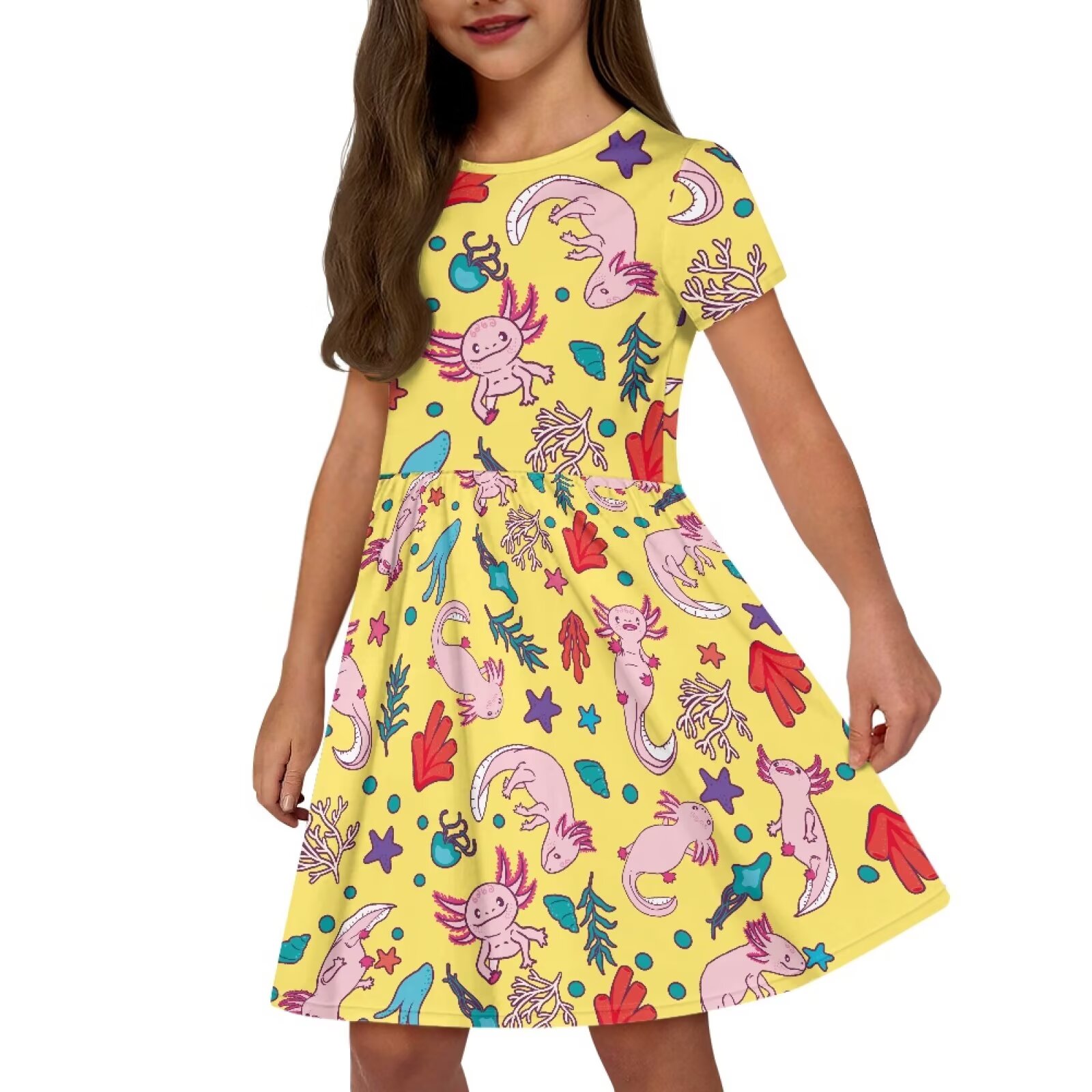 Uourmeti Axolotl Summer Dresses for Toddler Girls Cute Swing Dress Casual Loose Crewneck Short Sleeve Midi Dresses with Pockets