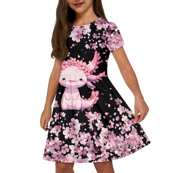 Uourmeti Axolotl Sundress 2-14Y Girls Cute Short Sleeve Swing Dress Cherry Blossom Summer Soft Round Neck Midi Fashion Party Wedding Dresses with Pocket