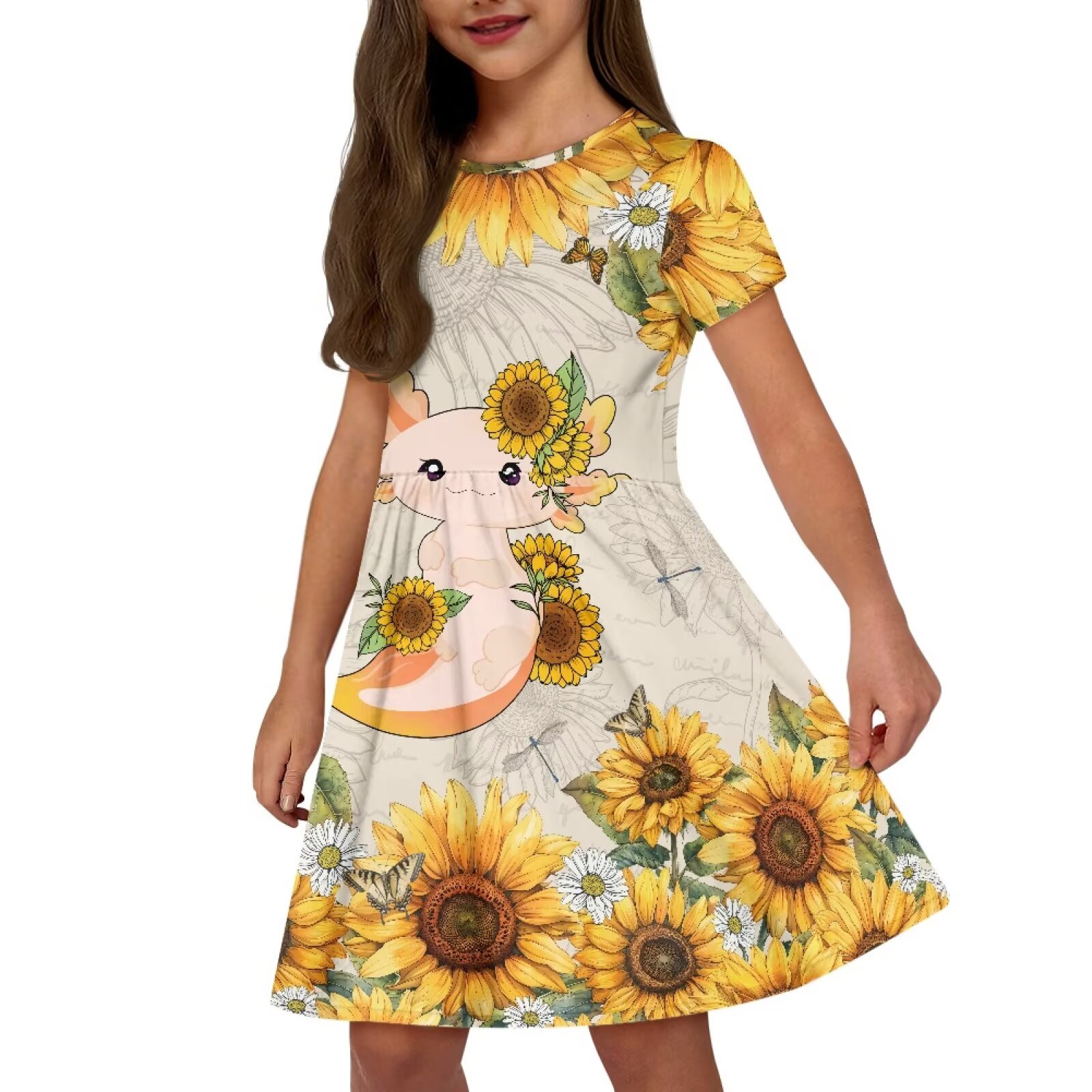 Uourmeti Axolotl Sundress Kids Cute Short Sleeve Swing Dress Sunflower Crewneck Knee Length A-Line Dresses with Pockets for Girls Toddlers Teens