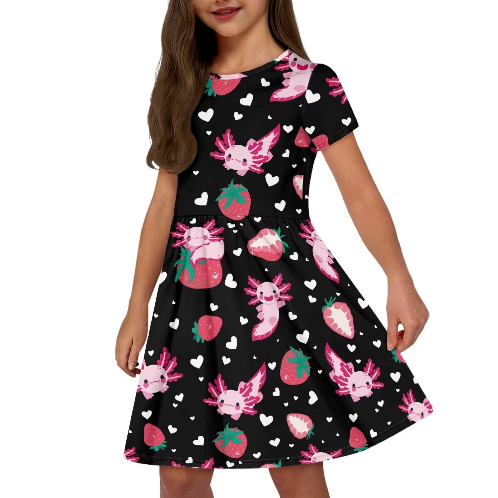 Uourmeti Axolotl Swing Dress Girls Summer Cute Short Sleeve Knee A-line Dresses Strawberries Trendy Soft Crew Neck Party Dress Casual Beach Dresses with Pockets