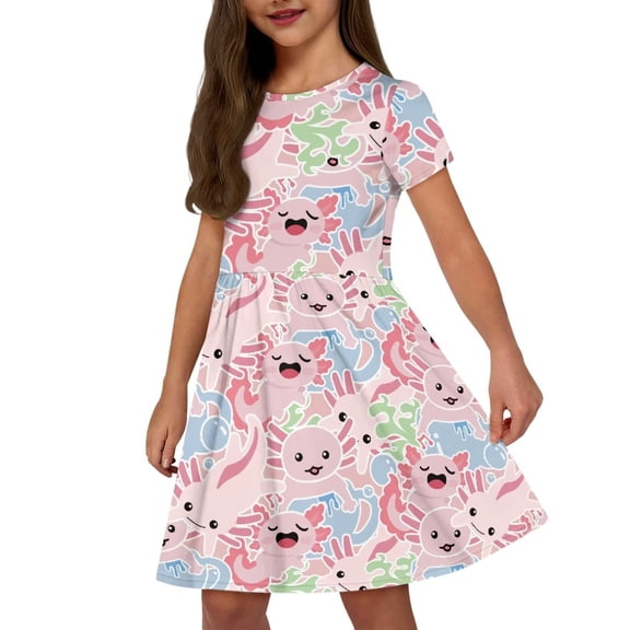 Uourmeti Axolotl Toddler Girls Dresses Summer Cute Short Sleeve Swing Dress Casual Loose Crewneck Knee A-Line Dresses with Pockets Sundresses