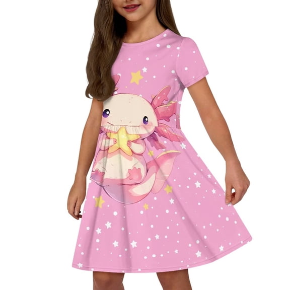 Uourmeti Axolotl Toddler Girls Dresses Summer Cute Short Sleeve Swing Dress Casual Loose Crewneck Midi Dresses Lightweight Soft Beach Dress with Pockets