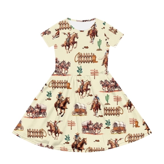 Uourmeti Aztec Horse Girls Short Sleeve Dresses School Swing Dress Summer Loose Crewneck Knee A-line Dresses Casual Beach Dress with Pockets