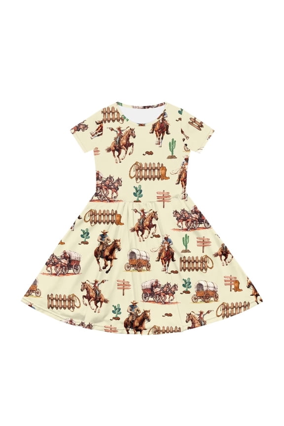 Aztec Horse Girls Short Sleeve Dresses School Swing Dress Summer Loose Crewneck Knee A-line Dresses Casual Beach Dress with Pockets
