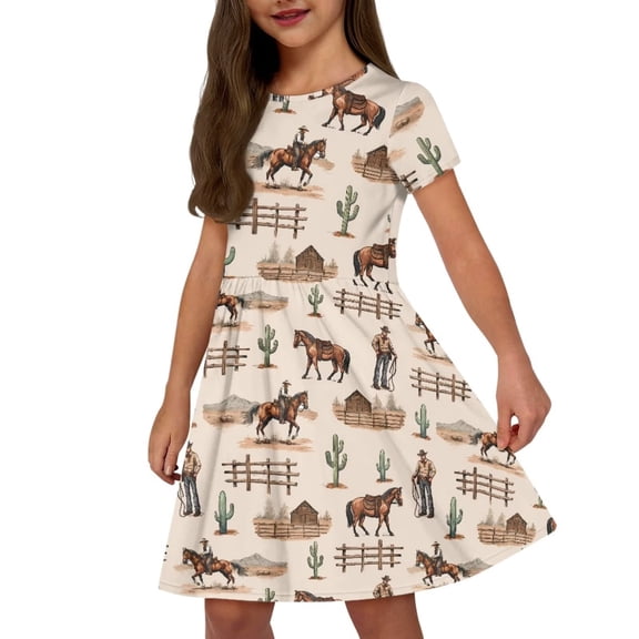 Uourmeti Aztec Horse Short Sleeve Swing Dresses 10-12Y Girls Crew Neck Midi Dress Summer Casual Beach Dresses with Pockets