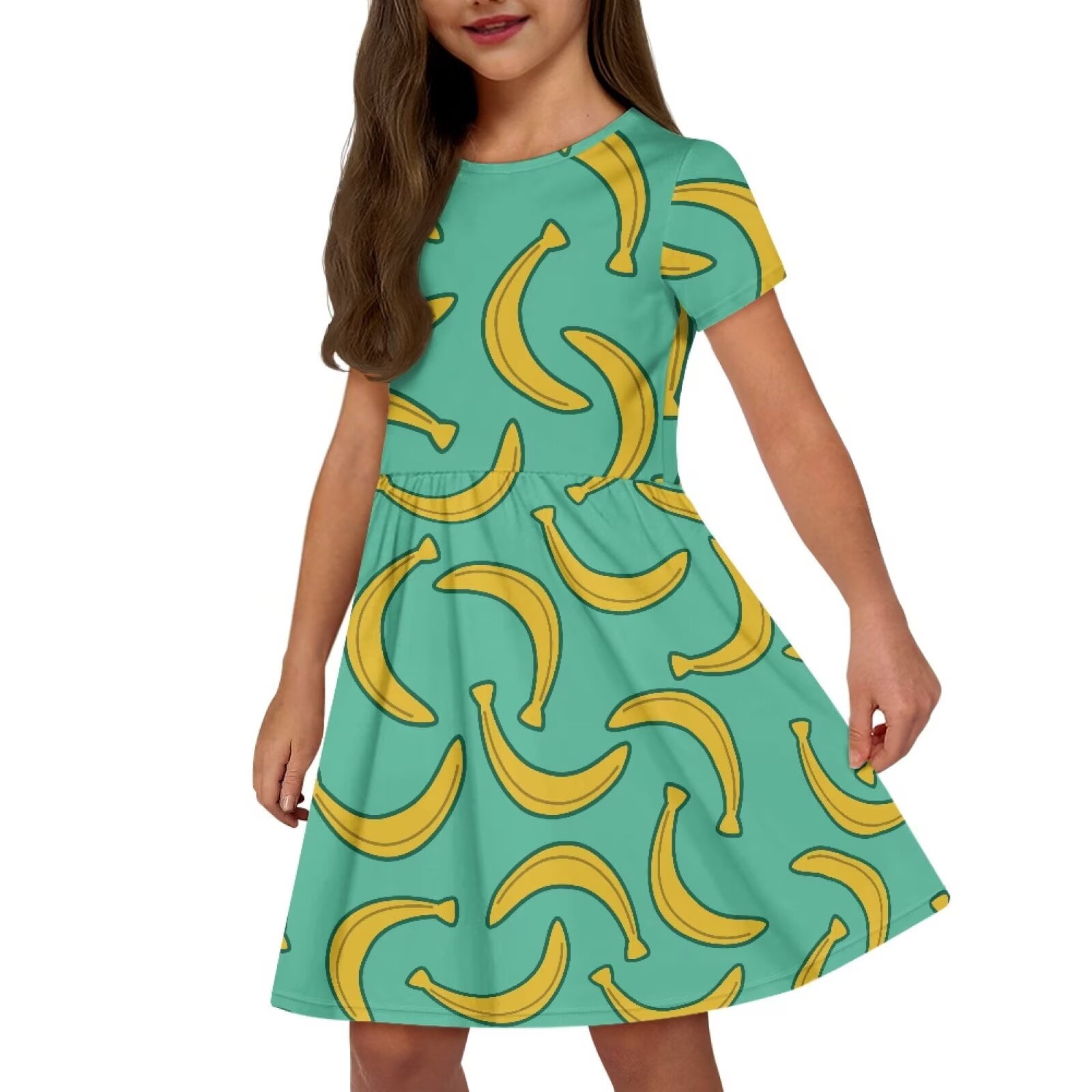 Uourmeti Bananas Kids Short Sleeve Dress Girls Summer Crew Neck Swing Dresses Trendy Knee Length A-Line Dress with Pockets for School Beach