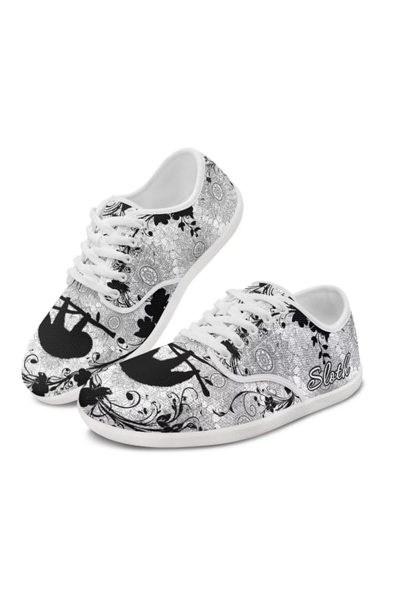 Barefoot Shoes Women Sloth Silhouette Print Low Top Tennis Walkong Shoes Floral Women's Lace Up Flat Sneakers Anti Slip Skate Shoe Lightweight Zero Drop Sneakers