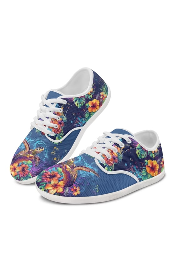 Barefoot Shoes Women Tropical Hibiscus Flower Turtle Low Top Tennis Walkong Shoes Women's Lace Up Flat Sneakers Anti Slip Skate Shoe Lightweight Zero Drop Sneakers