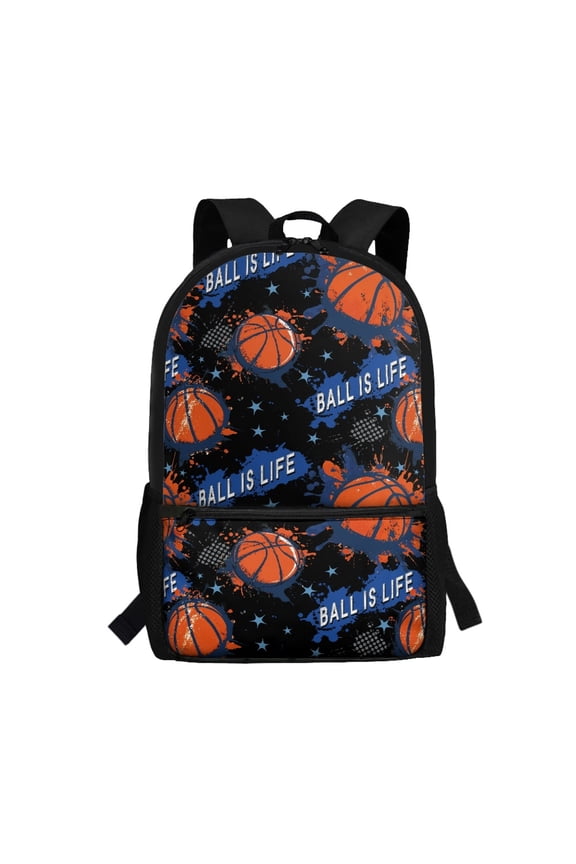 Basketball Pattern Backpack, Spacious Interior Bookbag 17 Inch Smooth Double Zipper Polyester Bookbag for School Camping