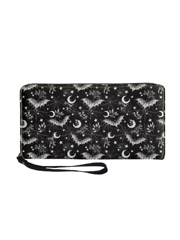Bat Star Moon Women Wallets, Large Capacity PU Leather Long Wallet for Women for Travel Work, Wrist Strap Women's Wallets
