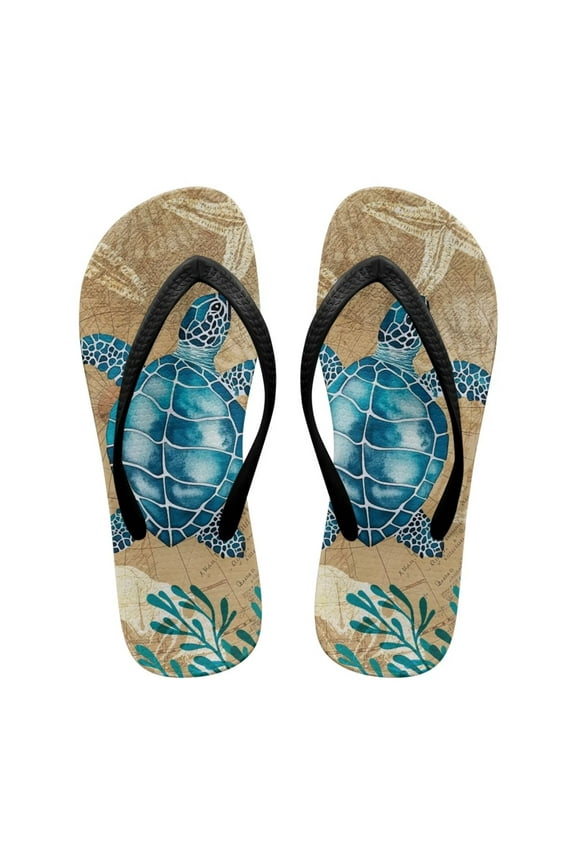 Beach Flip-Flops for Women Sea Turtle Map Summer Beach Shower Shoes Daily Walking Anti-slip Thong Sandals, Size 8
